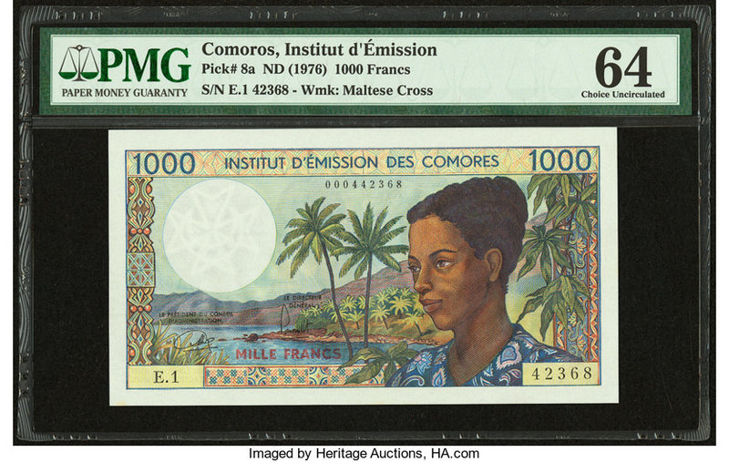 Comoros Institut d'Emission des Comores 1000 Francs ND (1976) Pick 8a PMG Choice...