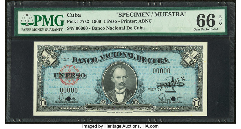 Cuba Banco Nacional de Cuba 1 Peso 1960 Pick 77s2 Specimen PMG Gem Uncirculated ...