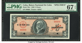 Cuba Banco Nacional de Cuba 5 Pesos 1949 Pick 78s1 Specimen PMG Superb Gem Unc 67 EPQ. Two POCs.

HID09801242017