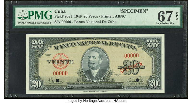 Cuba Banco Nacional de Cuba 20 Pesos 1949 Pick 80s1 Specimen PMG Superb Gem Unc ...
