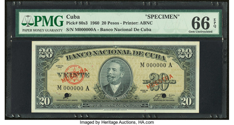 Cuba Banco Nacional de Cuba 20 Pesos 1960 Pick 80s3 Specimen PMG Gem Uncirculate...