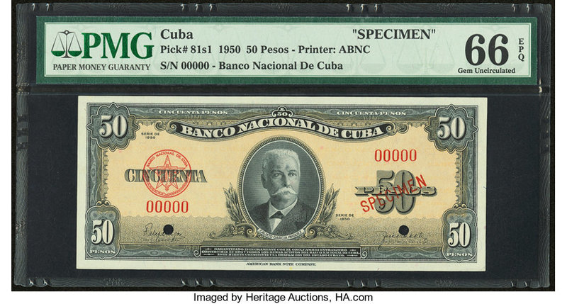 Cuba Banco Nacional de Cuba 50 Pesos 1950 Pick 81s1 Specimen PMG Gem Uncirculate...