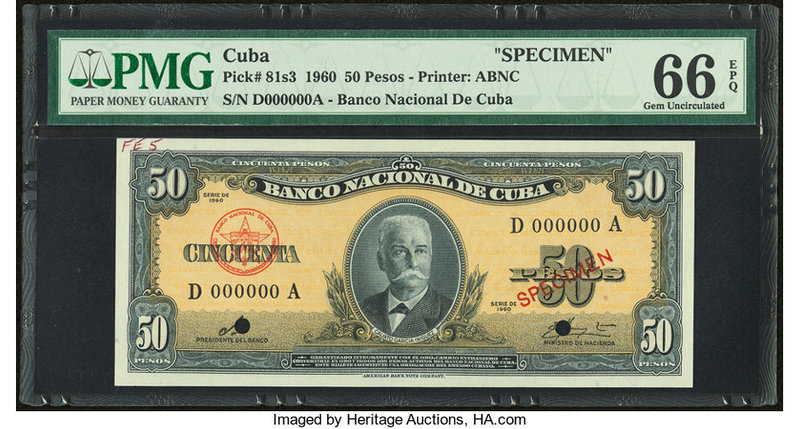 Cuba Banco Nacional de Cuba 50 Pesos 1960 Pick 81s3 Specimen PMG Gem Uncirculate...