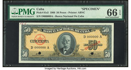 Cuba Banco Nacional de Cuba 50 Pesos 1960 Pick 81s3 Specimen PMG Gem Uncirculated 66 EPQ. Prefix D with ink annotation; Two POCs.

HID09801242017