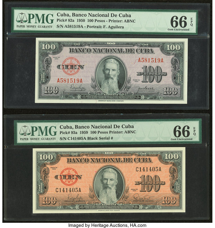 Cuba Banco Nacional de Cuba 100 Pesos 1950; 1959 Pick 82a; 93a Two Examples PMG ...