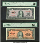 Cuba Banco Nacional de Cuba 100 Pesos 1950; 1959 Pick 82a; 93a Two Examples PMG Gem Uncirculated 66 EPQ. 

HID09801242017