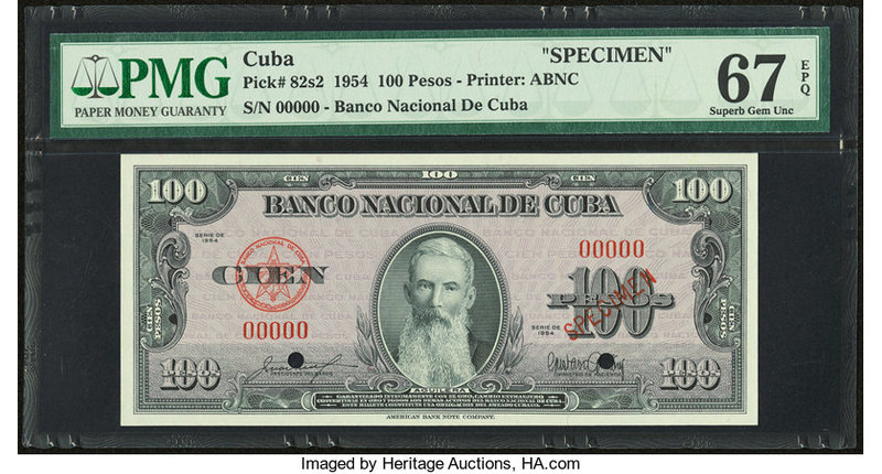 Cuba Banco Nacional de Cuba 100 Pesos 1954 Pick 82s2 Specimen PMG Superb Gem Unc...
