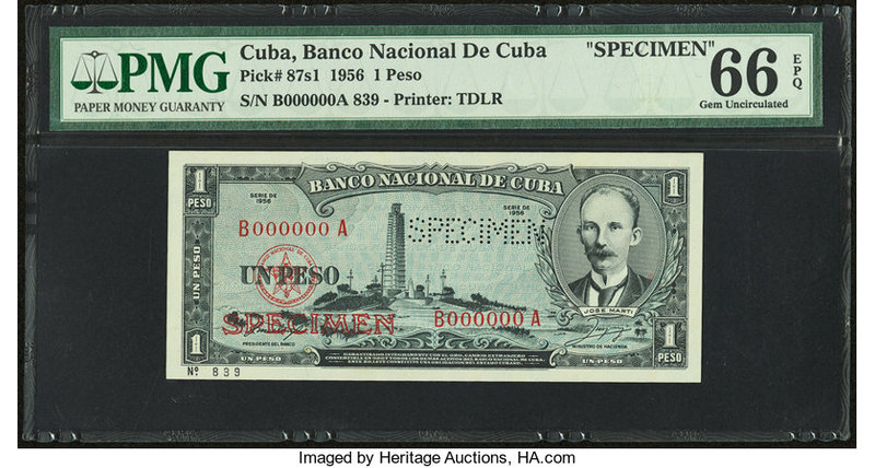 Cuba Banco Nacional de Cuba 1 Peso 1956 Pick 87s1 Specimen PMG Gem Uncirculated ...