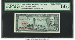 Cuba Banco Nacional de Cuba 1 Peso 1956 Pick 87s1 Specimen PMG Gem Uncirculated 66 EPQ. A perforated "Specimen" is present.

HID09801242017