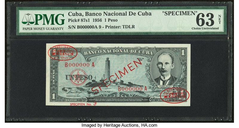 Cuba Banco Nacional de Cuba 1 Peso 1956 Pick 87s1 DLR Specimen PMG Choice Uncirc...
