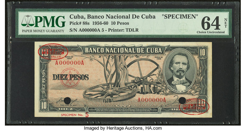 Cuba Banco Nacional de Cuba 10 Pesos 1956 Pick 88s1 DLR Specimen PMG Choice Unci...