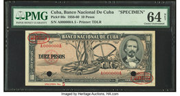 Cuba Banco Nacional de Cuba 10 Pesos 1956 Pick 88s1 DLR Specimen PMG Choice Uncirculated 64 Net. Red De La Rue overprint variety; two POCs; previously...