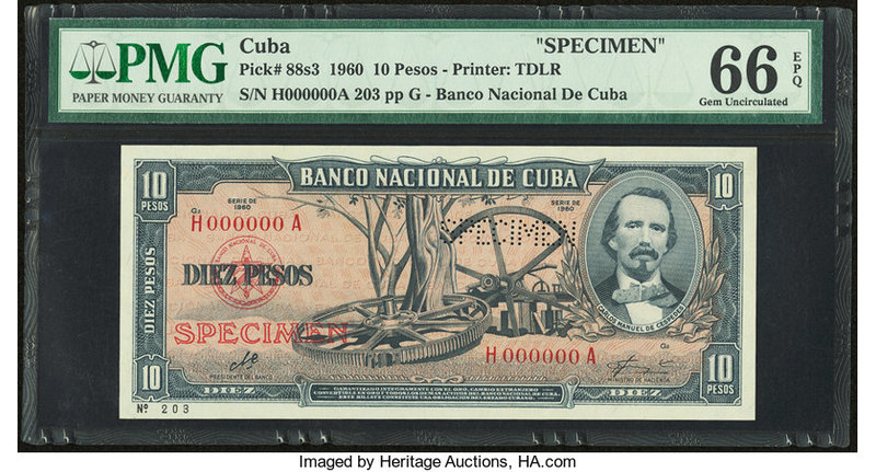 Cuba Banco Nacional de Cuba 10 Pesos 1960 Pick 88s3 Specimen PMG Gem Uncirculate...