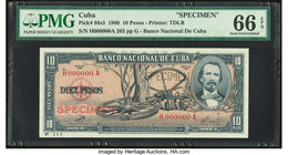 Cuba Banco Nacional de Cuba 10 Pesos 1960 Pick 88s3 Specimen PMG Gem Uncirculated 66 EPQ. A perforated "Specimen" is present.

HID09801242017