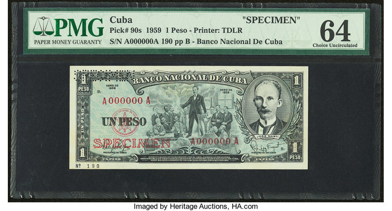 Cuba Banco Nacional de Cuba 1 Peso 1959 Pick 90s Specimen PMG Choice Uncirculate...
