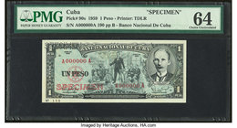 Cuba Banco Nacional de Cuba 1 Peso 1959 Pick 90s Specimen PMG Choice Uncirculated 64. A perforated "Specimen" is present.

HID09801242017