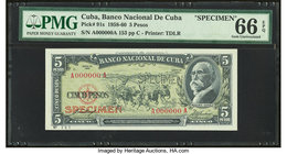 Cuba Banco Nacional de Cuba 5 Pesos 1958 Pick 91s1 Specimen PMG Gem Uncirculated 66 EPQ. A perforated "Specimen" is present.

HID09801242017