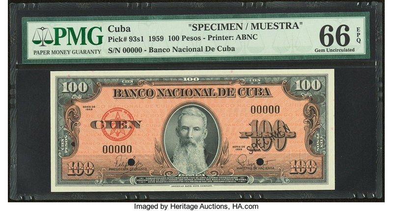 Cuba Banco Nacional de Cuba 100 Pesos 1959 Pick 93s1 Specimen PMG Gem Uncirculat...