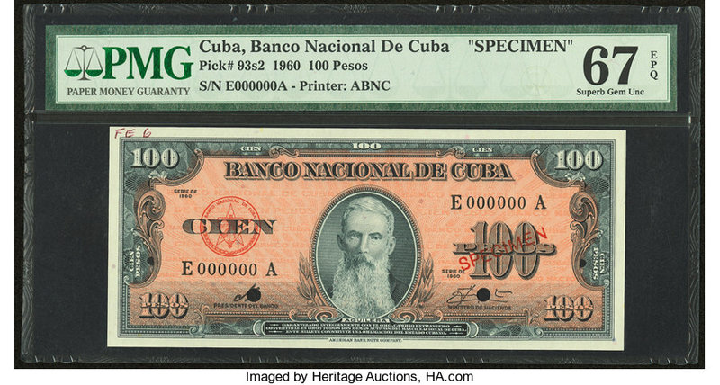 Cuba Banco Nacional de Cuba 100 Pesos 1960 Pick 93s2 Specimen PMG Superb Gem Unc...