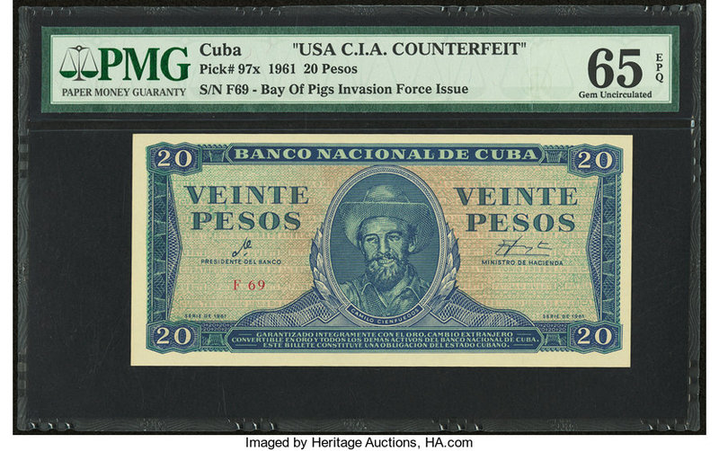 Cuba Banco Nacional de Cuba 20 Pesos 1961 Pick 97x C.I.A. Counterfeit PMG Gem Un...
