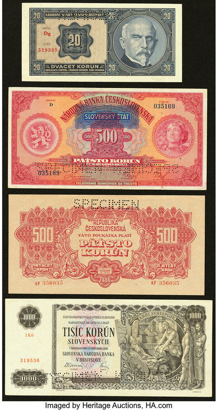 A Selection of Seven Specimen Notes from Bohemia and Moravia, Czechoslovakia, an...