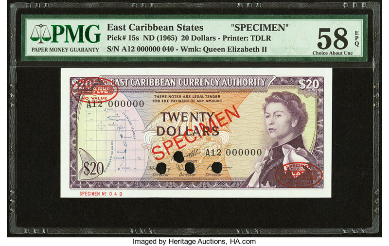 East Caribbean States Currency Authority 20 Dollars ND (1965) Pick 15s Specimen ...