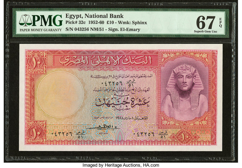 Egypt National Bank of Egypt 10 Pounds 1952-60 Pick 32c PMG Superb Gem Unc 67 EP...