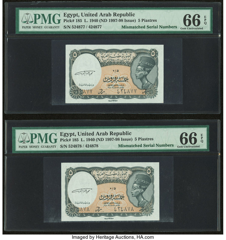 Two Consecutive Mismatched Serial Number Examples Egypt United Arab Republic 5 P...