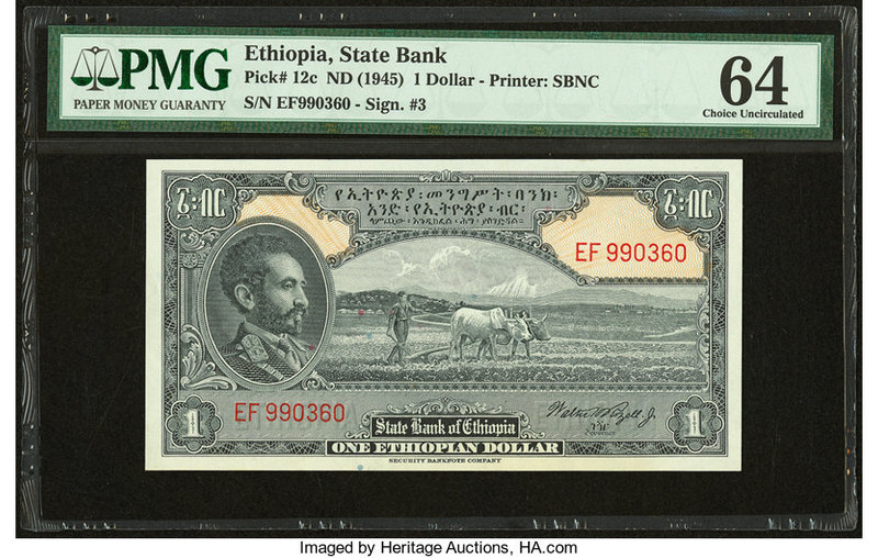 Ethiopia State Bank of Ethiopia 1 Dollar ND (1945) Pick 12c PMG Choice Uncircula...