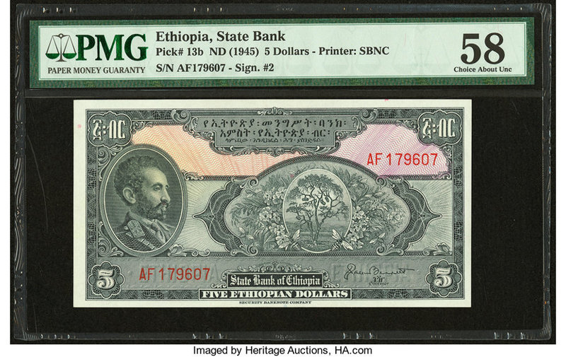 Ethiopia State Bank of Ethiopia 5 Dollars ND (1945) Pick 13b PMG Choice About Un...