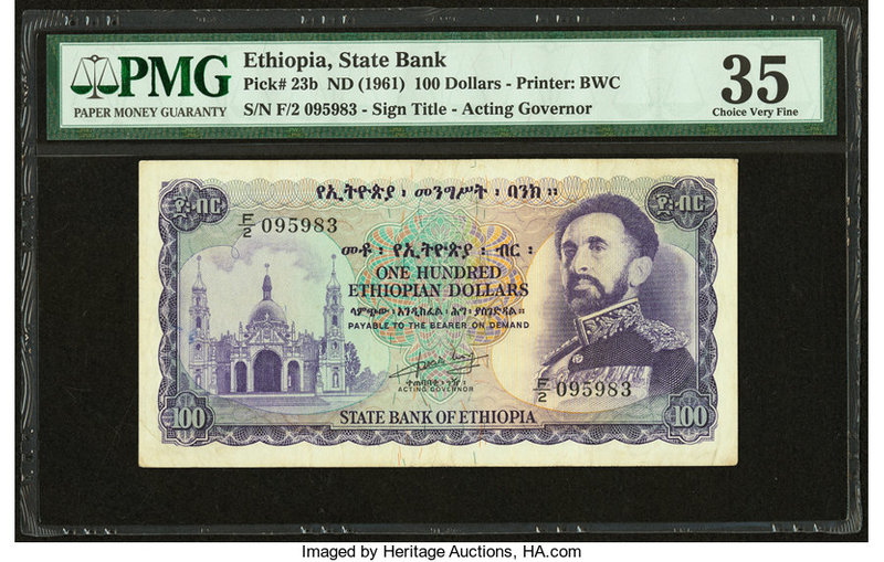 Ethiopia State Bank of Ethiopia 100 Dollars ND (1961) Pick 23b PMG Choice Very F...