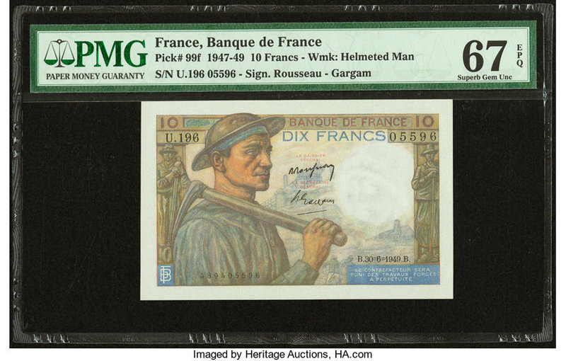France Banque de France10 Francs 30.6.1949 Pick 99f PMG Superb Gem Unc 67 EPQ. 
...