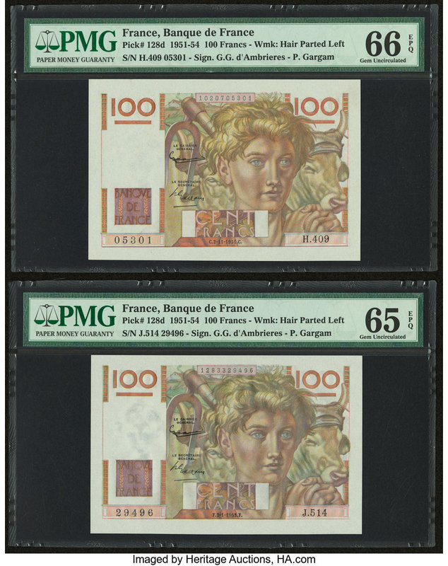 France Banque de France 100 Francs 2.11.1951; 2.1.1953 Pick 128d Two Examples PM...
