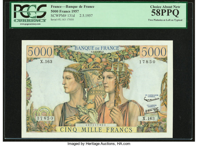 France Banque de France 5000 Francs 2.5.1957 Pick 131d PCGS Choice About New 58P...