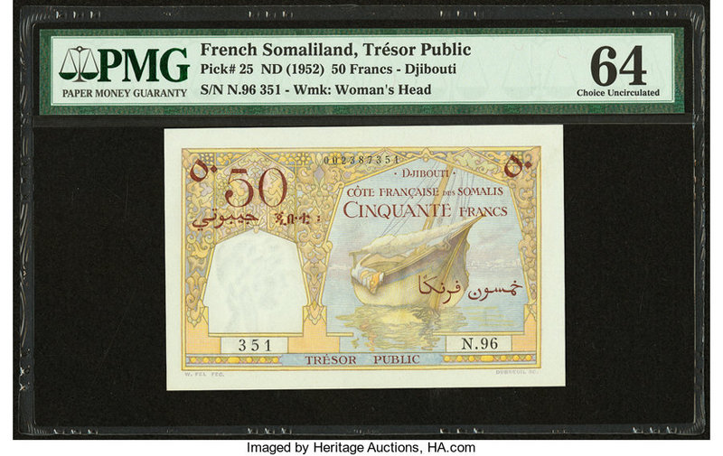 French Somaliland Cote Francaise des Somalis, Djibouti 50 Francs ND (1952) Pick ...
