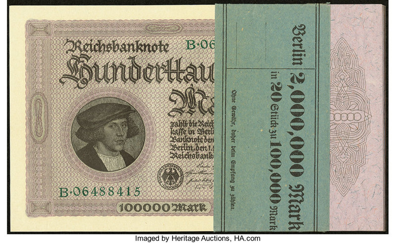 Germany Reichsbanknote 100,000 Mark 1.2.1923 Pick 83a, Twenty Consecutive Exampl...