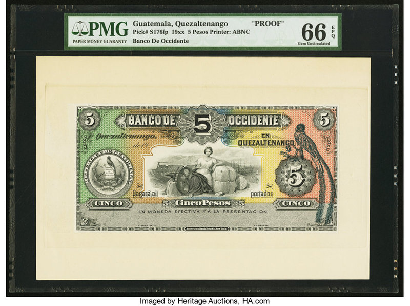 Guatemala Banco de Occidente en Quezaltenango 5 Pesos 19xx Pick S176fp Front Pro...