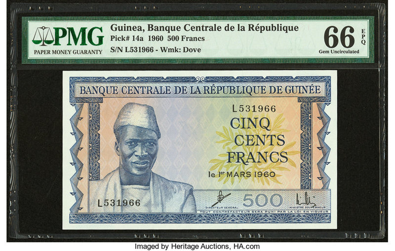 Guinea Banque Centrale 500 Francs 1.3.1960 Pick 14a PMG Gem Uncirculated 66 EPQ....