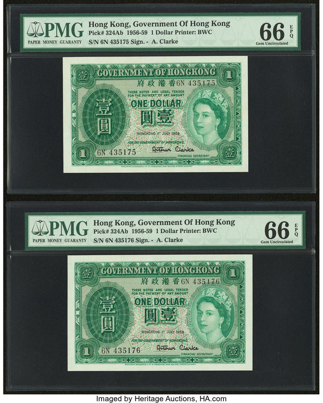 Hong Kong Government of Hong Kong 1 Dollar 1.7.1959 Pick 324Ab KNB19 Two Consecu...