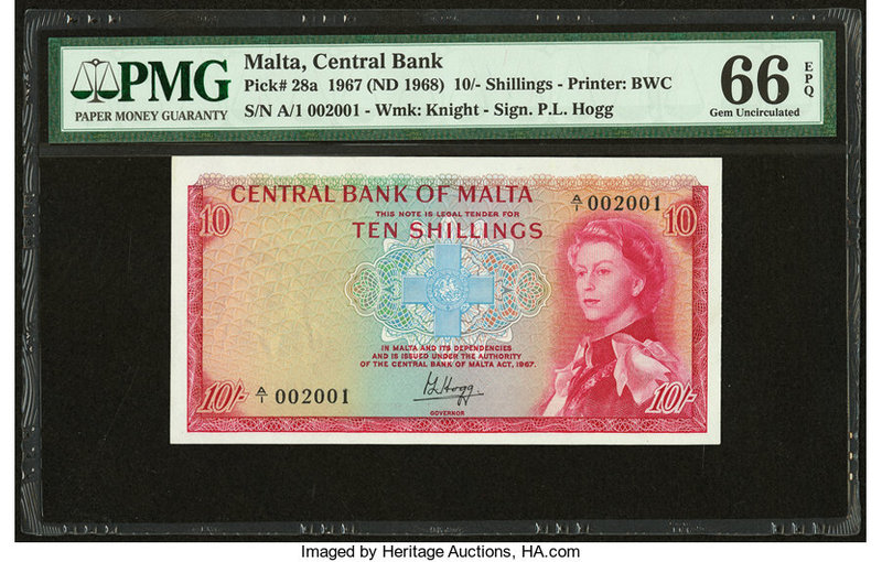 Malta Central Bank of Malta 10 Shillings 1967 (ND 1968) Pick 28a PMG Gem Uncircu...