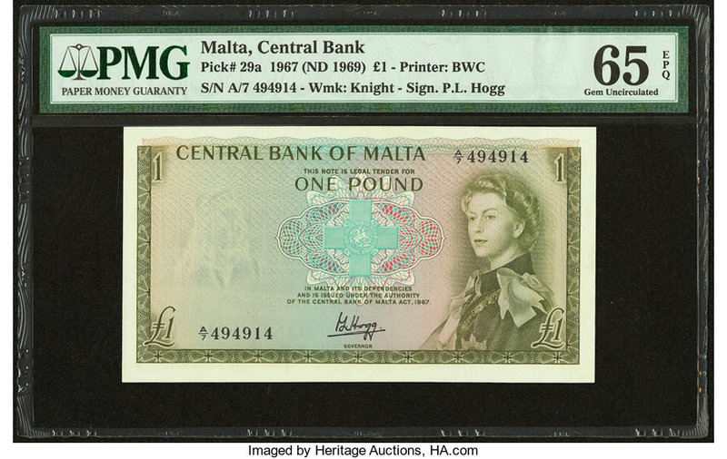 Malta Central Bank of Malta 1 Pound 1967 (ND 1969) Pick 29a PMG Gem Uncirculated...