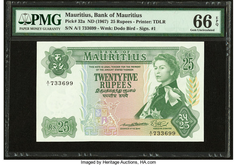 Mauritius Bank of Mauritius 25 Rupees ND (1967) Pick 32a PMG Gem Uncirculated 66...