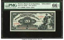 Mexico Banco de la Republica 20 Pesos 1918 Pick 13s M320s Specimen PMG Gem Uncirculated 66 EPQ. Three POCs.

HID09801242017