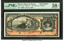 Mexico Banco de Sonora 20 Pesos ND 1.2.1900 Pick S421s M509s1-2 Specimen PMG Choice About Unc 58 EPQ. Two POCs; printer's stamp.

HID09801242017