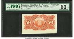 Paraguay Republica del Paraguay 50 Centavos ND (ca. 1903) Pick 105p Back Proof PMG Choice Uncirculated 63 EPQ. Note unaffected by issue on cardstock.
...