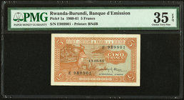 Rwanda-Burundi Banque d'Emission du Rwanda et du Burundi 5 Francs 15.05.1961 Pick 1a PMG Choice Very Fine 35 EPQ. 

HID09801242017