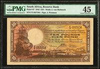 South Africa South African Reserve Bank 10 Pounds 18.4.1943 Pick 87 PMG Choice Extremely Fine 45. A grand large sized example with ship on the face, a...