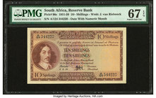 South Africa South African Reserve Bank 10 Shillings 4.9.1956 Pick 90c PMG Superb Gem Unc 67 EPQ. Rare in higher grade, and there is no higher than th...