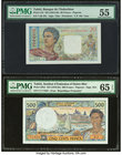 Tahiti Banque de l'Indochine 20 Francs ND (1954-58) Pick 21b PMG About Uncirculated 55; Institut D'Emission D'Outre-Mer 500 Francs ND (1970-85) Pick 2...