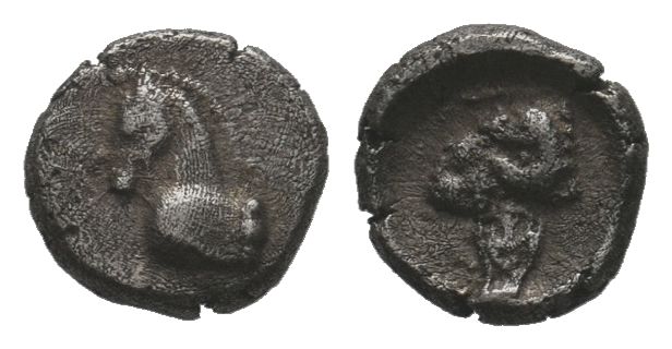 Uncertain mint AR Obol. Circa 4th century BC. Head of horse right / Head of ram ...